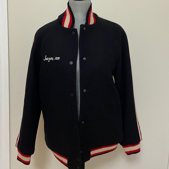 Zara Navy Blue Embroidered Letters Varsity Bomber - Picture 3 of 7